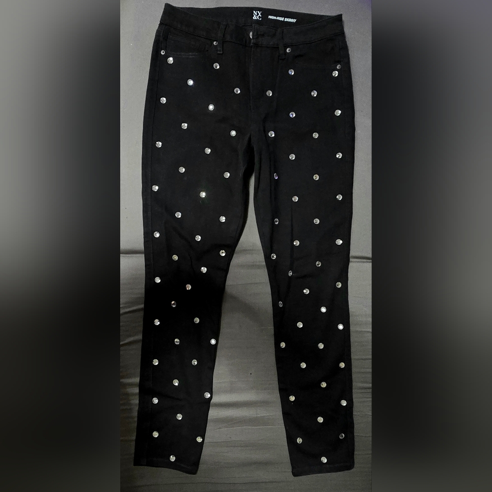 New York & Company Rhinestone Embellished Black High Rise Skinny Jeans | Size 8